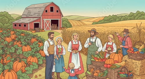 Happy family harvesting pumpkins and crops on a farm with a barn in autumn