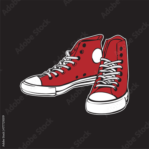 Vector illustration featuring bright red high-top sneakers with white laces and a thick white sole. Iconic and casual design.