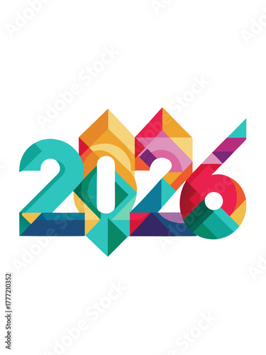 Vibrant geometric design of the year 2026 in a modern abstract style with colorful facets