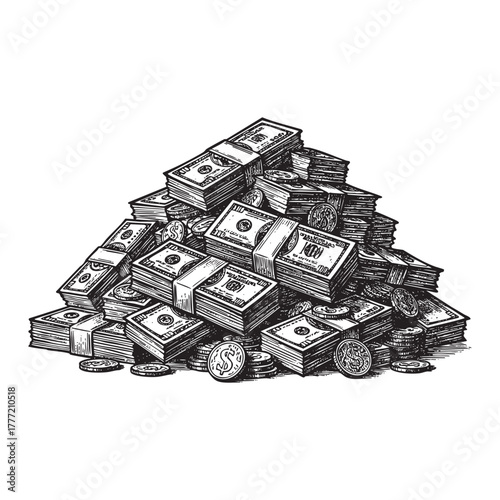 Massive Pile of Cash Money Bills Engraving Vector Illustration