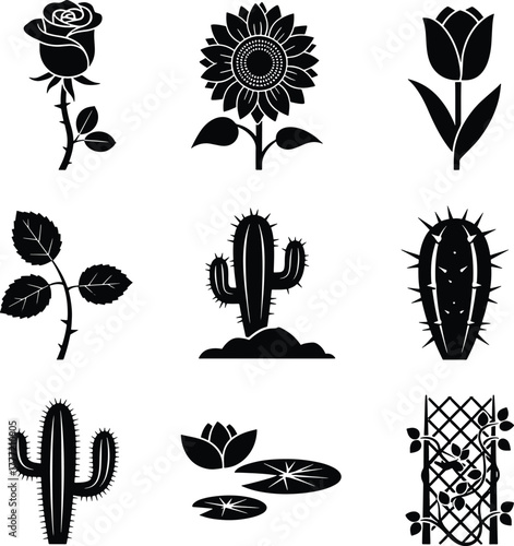 Black silhouette icons of rose sunflower tulip cactus water lily and trellis vector
