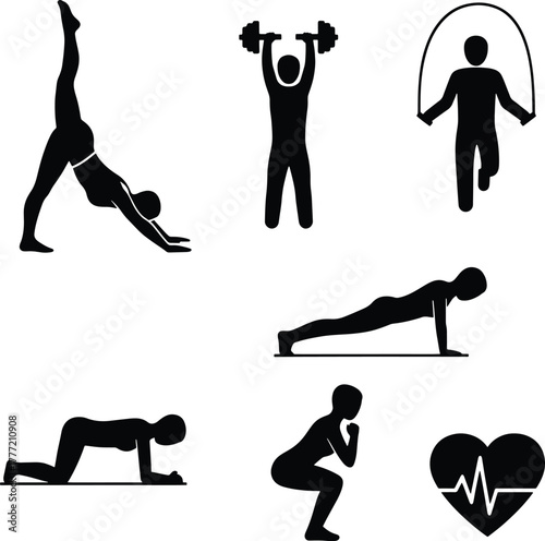 Black silhouette icons of people exercising and a heart with cardiogram fitness exercise