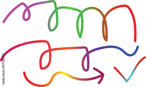 Colorful hand drawn doodle arrows and check mark