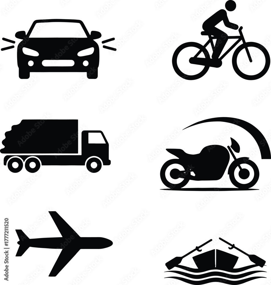 Naklejka premium Black transportation icons car bicycle truck motorcycle airplane boat on white car icon bicycle icon
