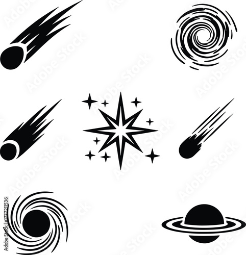 Black vector icons of comets stars planets and galaxies on white shooting star meteor
