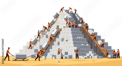 Pyramid construction scene with workers using ropes sleds ramps ladders and blocks