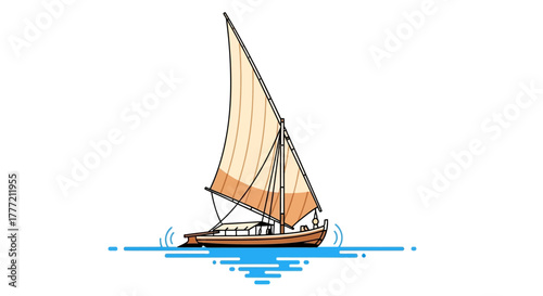 Sailboat on water tan sails billowing depicted in pixel art with blue waves