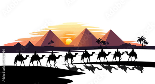 Silhouetted Egyptian pyramids at sunset camels and riders