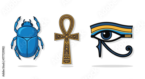 Three Egyptian symbols scarab beetle ankh and Eye of Horus isolated on a white background