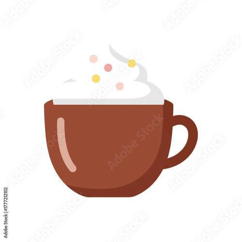 A simple, stylized illustration of a brown mug filled with a frothy beverage topped with whipped cream and colorful sprinkles.