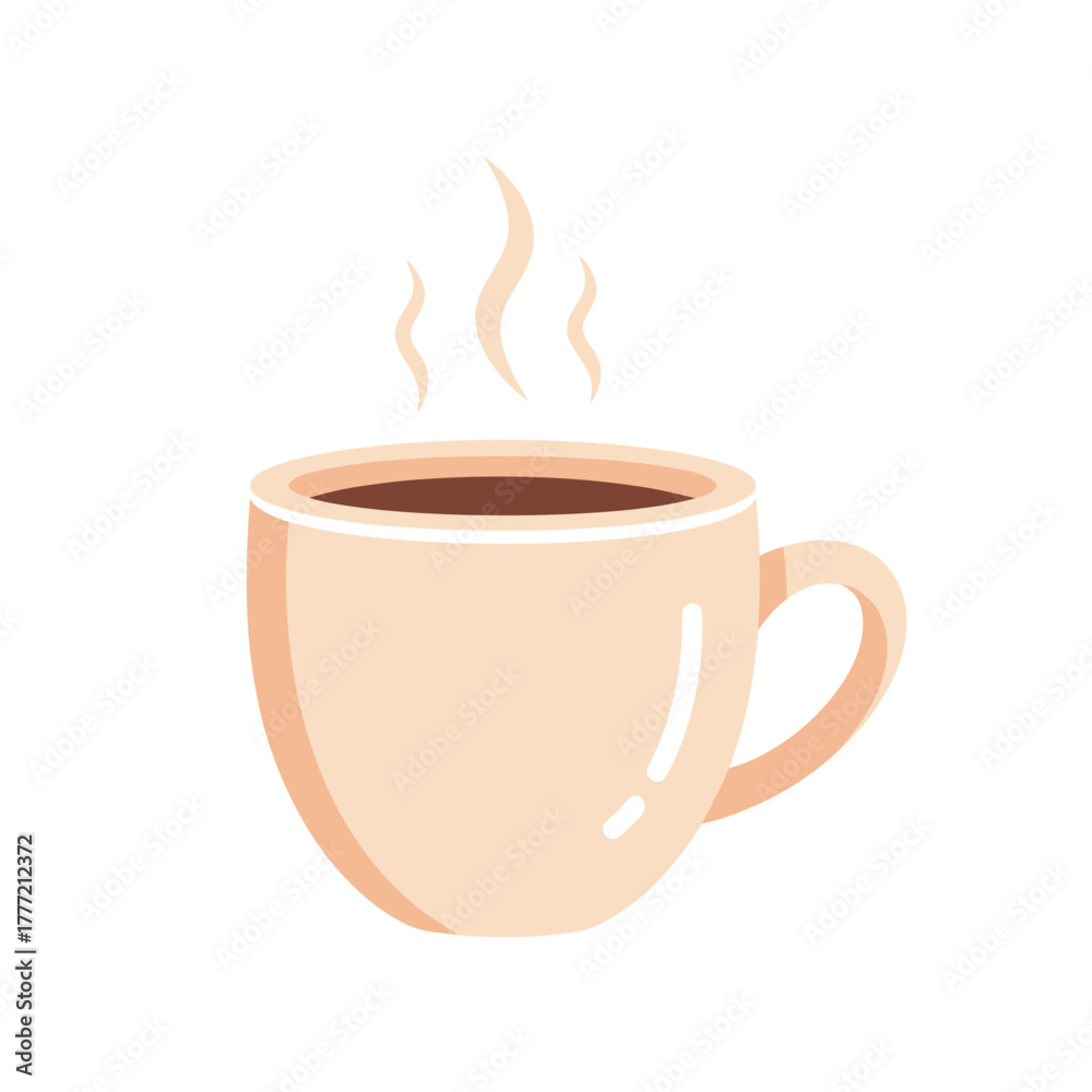 Obraz premium A simple flat illustration of a steaming cup of hot coffee or tea, isolated on a white background, conveying warmth and comfort.