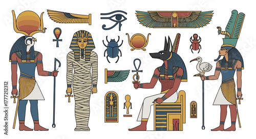 Egyptian art with gods Horus Anubis a pharaoh mummy and symbols like the Ankh and scarab beetle