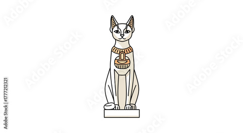 Egyptian cat statue with golden collar sits adorned with a symbolic pendant on a rectangular base