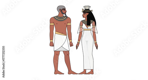 Egyptian couple with crowns  decorative collars adorned in white fabric stands sidebyside against a plain white background