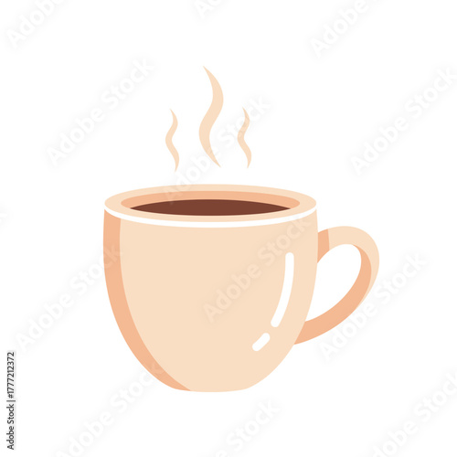 A simple flat illustration of a steaming cup of hot coffee or tea, isolated on a white background, conveying warmth and comfort.