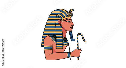 Egyptian pharaoh portrait with headdress striped crook and profile view