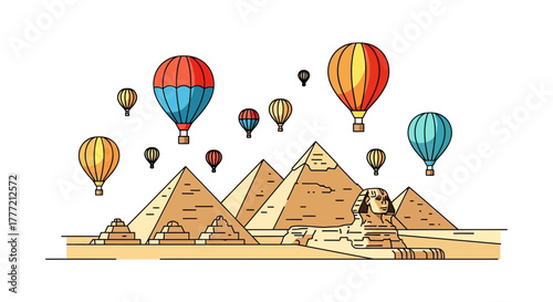 Egyptian pyramids and the Sphinx with hot air balloons floating above