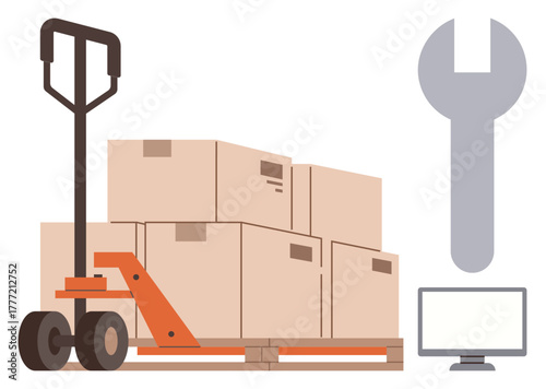 Pallet truck moving stacked boxes on a wooden pallet, a wrench, and a computer monitor. Ideal for logistics, supply chain, warehouse management, shipping, cargo handling, industrial operations