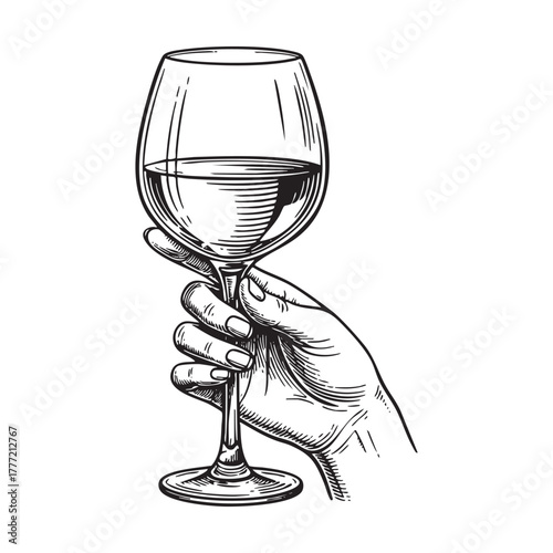 Hand Holding Wine Glass Toast Engraving Vector Illustration