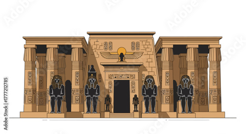 Egyptian temple façade featuring columns statues and hieroglyphic carvings