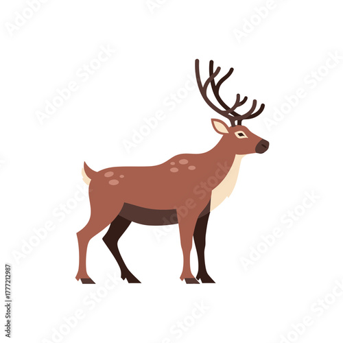 A detailed illustration of a brown reindeer with large antlers standing on a white background.