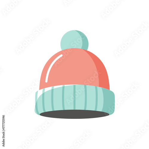 A cute pink and teal winter beanie hat with a pom-pom, depicted in a simple flat vector style.