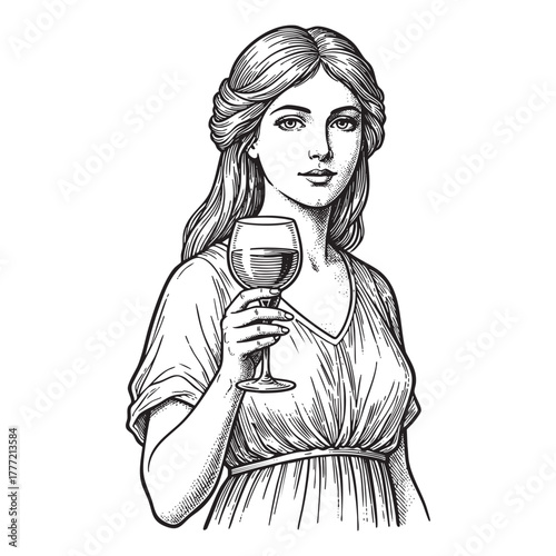 Beautiful Woman Holding Wine Glass Engraving Vector Illustration