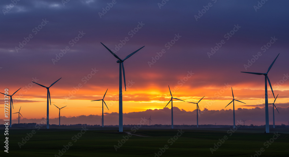 Obraz premium Autumn Sunset Wind Farm Energy
