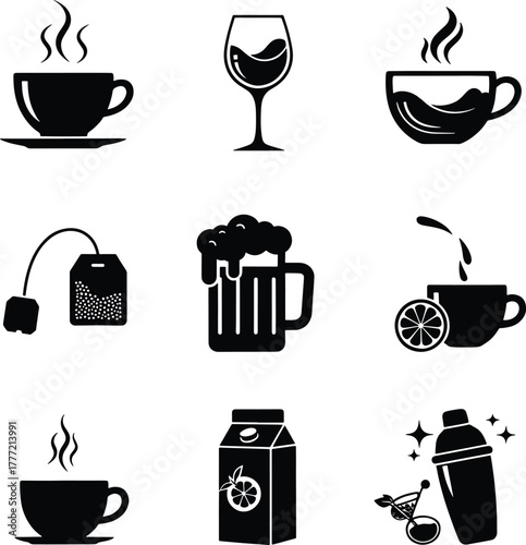 Black Icons of Hot Drinks Cold Drinks and Barware on White Background coffee cup steam saucer