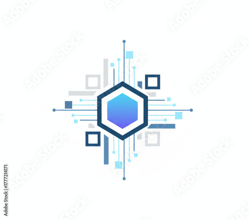 Abstract digital hexagon connecting various data points in a futuristic network structure, symbolizing advanced technology, data flow, and modern communication systems