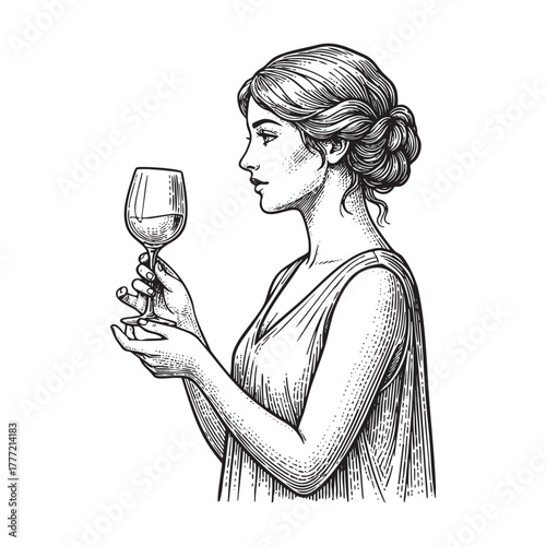 Beautiful Woman Holding Wine Glass Engraving Vector Illustration