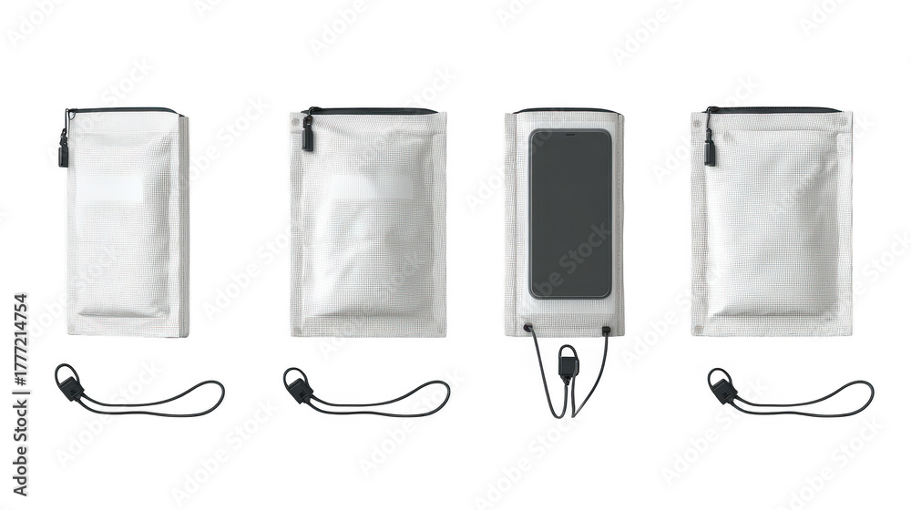 Obraz premium Three white pouches with black cords are displayed arrangement features three white pouches with contrasting black cords