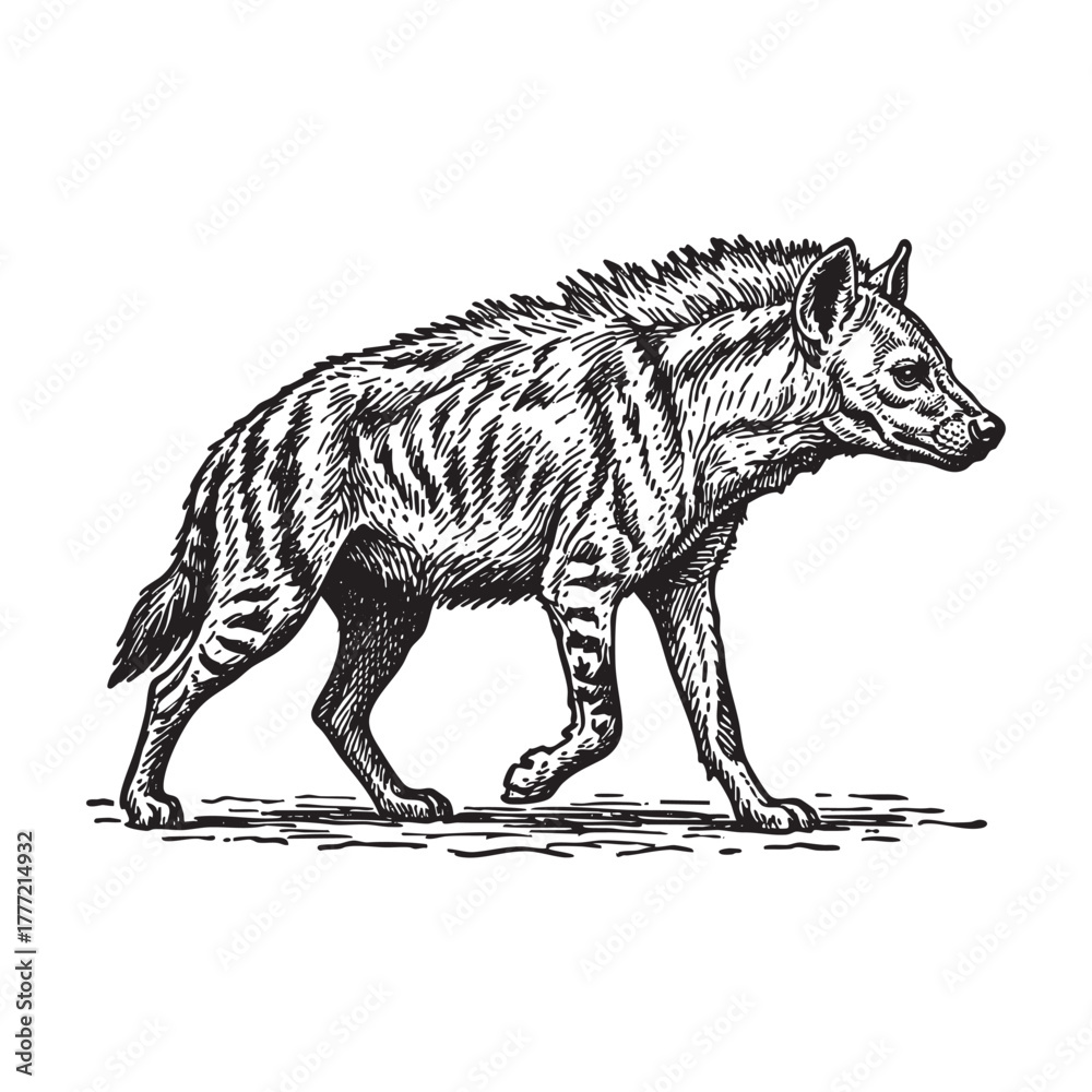 Fototapeta premium Striped Hyena African Wildlife Engraving Vector Illustration
