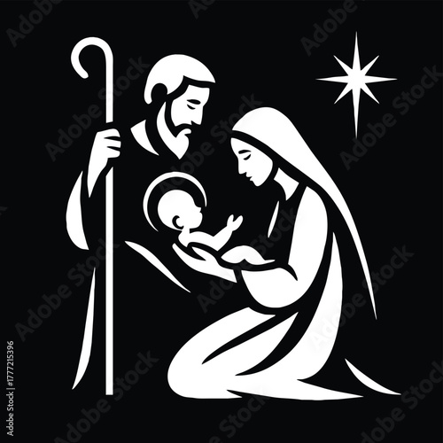Foto Holy Family Silhouette Illustration of Mary, Joseph, and Baby Jesus with the Sta