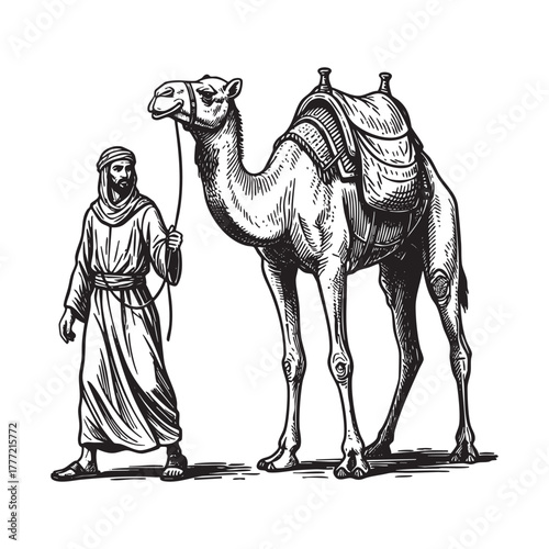Arab Man Leading Camel Desert Engraving Vector Illustration