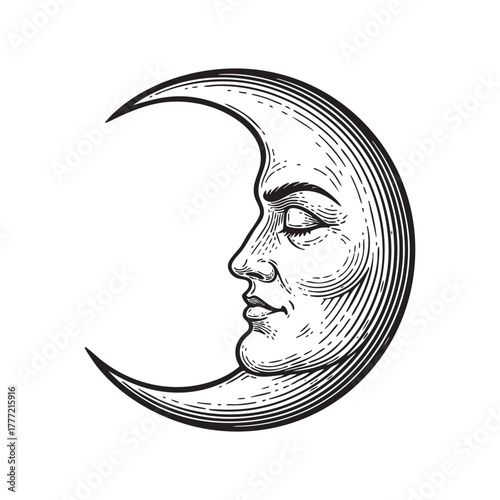 Crescent Moon Engraving Vector Illustration