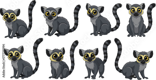 Cartoon lemur illustration, cute animal character, funny wildlife drawing, exotic Madagascar primate, striped tail monkey art, playful jungle creature design