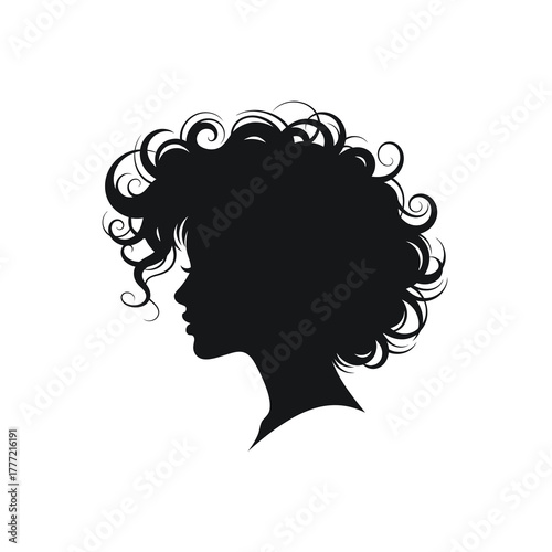 Elegant silhouette profile of a woman with voluminous, swirling curly hair, symbolizing beauty and natural style.