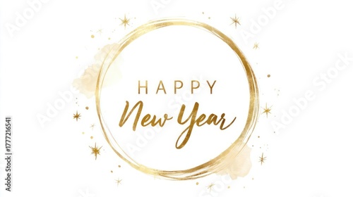 Elegant golden oval frame with happy new year text and sparkles on white background