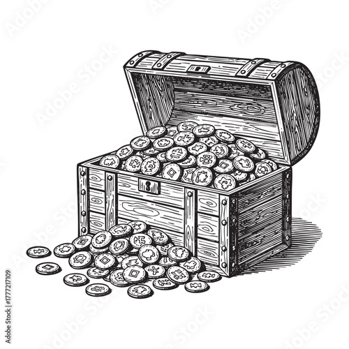 Open Treasure Chest Filled with Gold Coins Engraving Vector Illustration