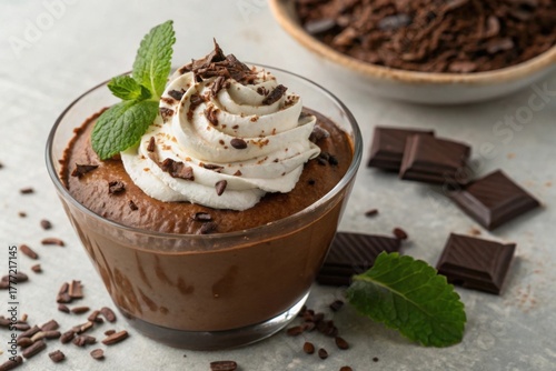 delicious chocolate mousse with whipped cream in clear glass bowl
