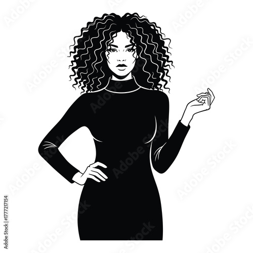 Striking woman with voluminous curly hair in a chic black dress exudes confidence and modern elegance, perfect for fashion and lifestyle themes.