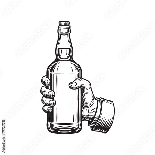 Hand Holding Whiskey Liquor Bottle Engraving Vector Illustration