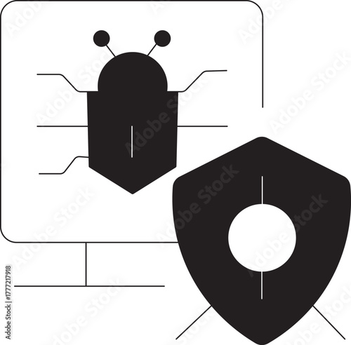 Vector computer screen with a bug icon and a shield icon, cybersecurity concept, isolated on white background