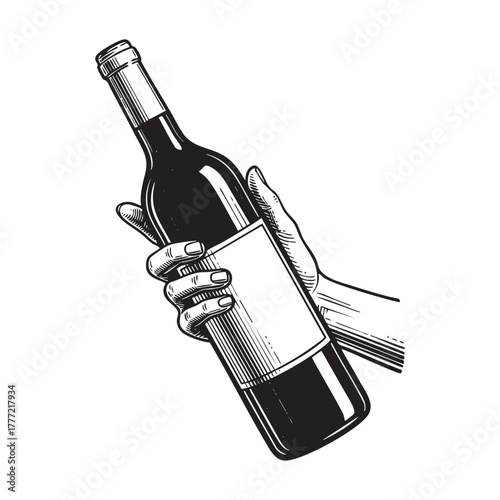 Hand Holding Wine Bottle Engraving Vector Illustration
