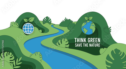 Inspiring environmental awareness, a vibrant earth graphic promotes green thinking and nature conservation for a sustainable future, perfect for eco-friendly campaigns
