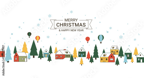 Festive Christmas village scene with snow and whimsical hot air balloons, perfect for holiday cards, social media posts, and winter event promotions