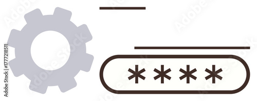 Gear icon beside a password field with hidden characters, symbolizing security, account protection, system settings. Ideal for cybersecurity, login management, data encryption, user accounts