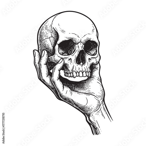 Hand Holding Human Skull Engraving Vector Illustration