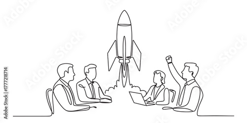 Continuous one line drawing of business team meeting and celebrating successful startup launch with a rocket, symbolizing innovation, growth, and strategic triumph Vector